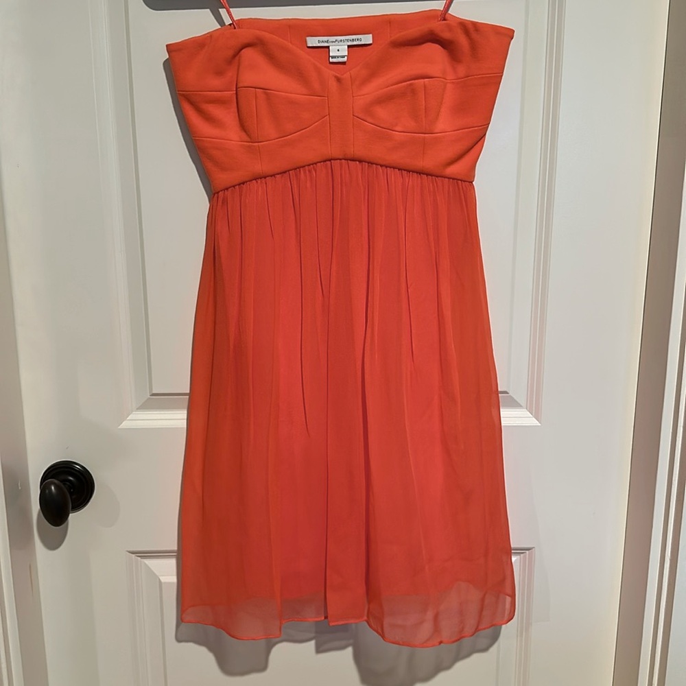 Coral colored silk strapless dress